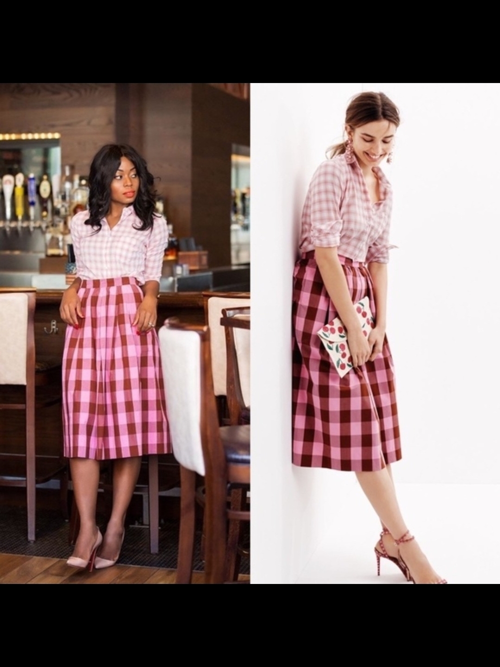 J-Crew Pink Checked Midi Skirt - Classic A-Line